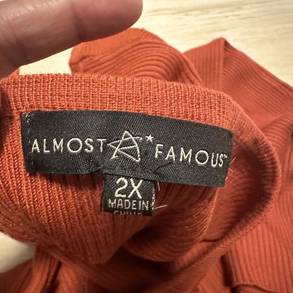 Almost Famous Women 2X Dress Midi Neck Tie Ribbed Burnt Orange - Picture 5 of 10